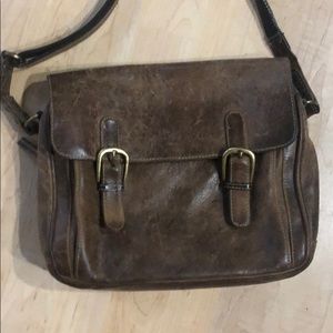 Green Burry bag. Distressed brown leather.